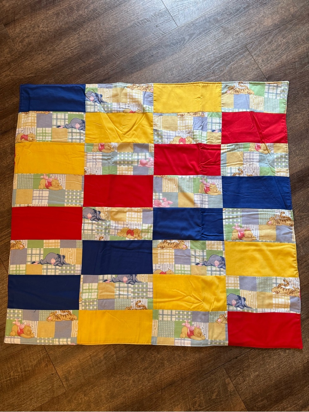 Winnie the Pooh Children's Patchwork Baby Quilt in Yellow, Red & Blue 34” x 36”
